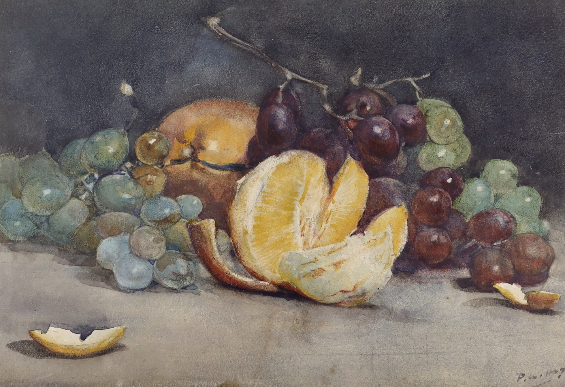 Peter Alexander Hay RA. (exh.1897), watercolour, Still life of fruit, signed, details verso, 18 x 24cm